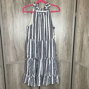 Eliza J Halter Top Dress Striped Layered Knee Length Back Ties Size 10 NWT
